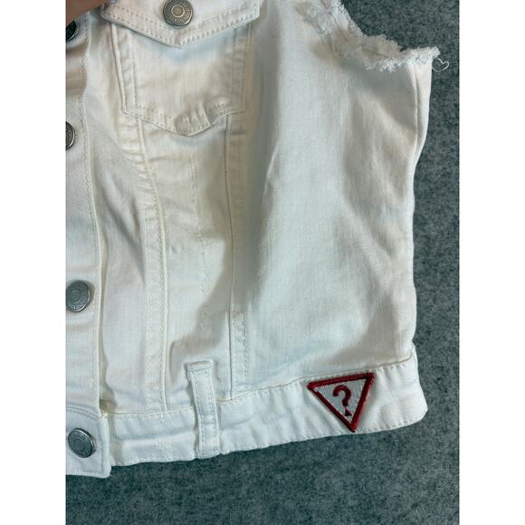 Guess Jean Vest Jacket Womens Large White Denim Button Front Frayed Streetwear - Picture 6 of 7
